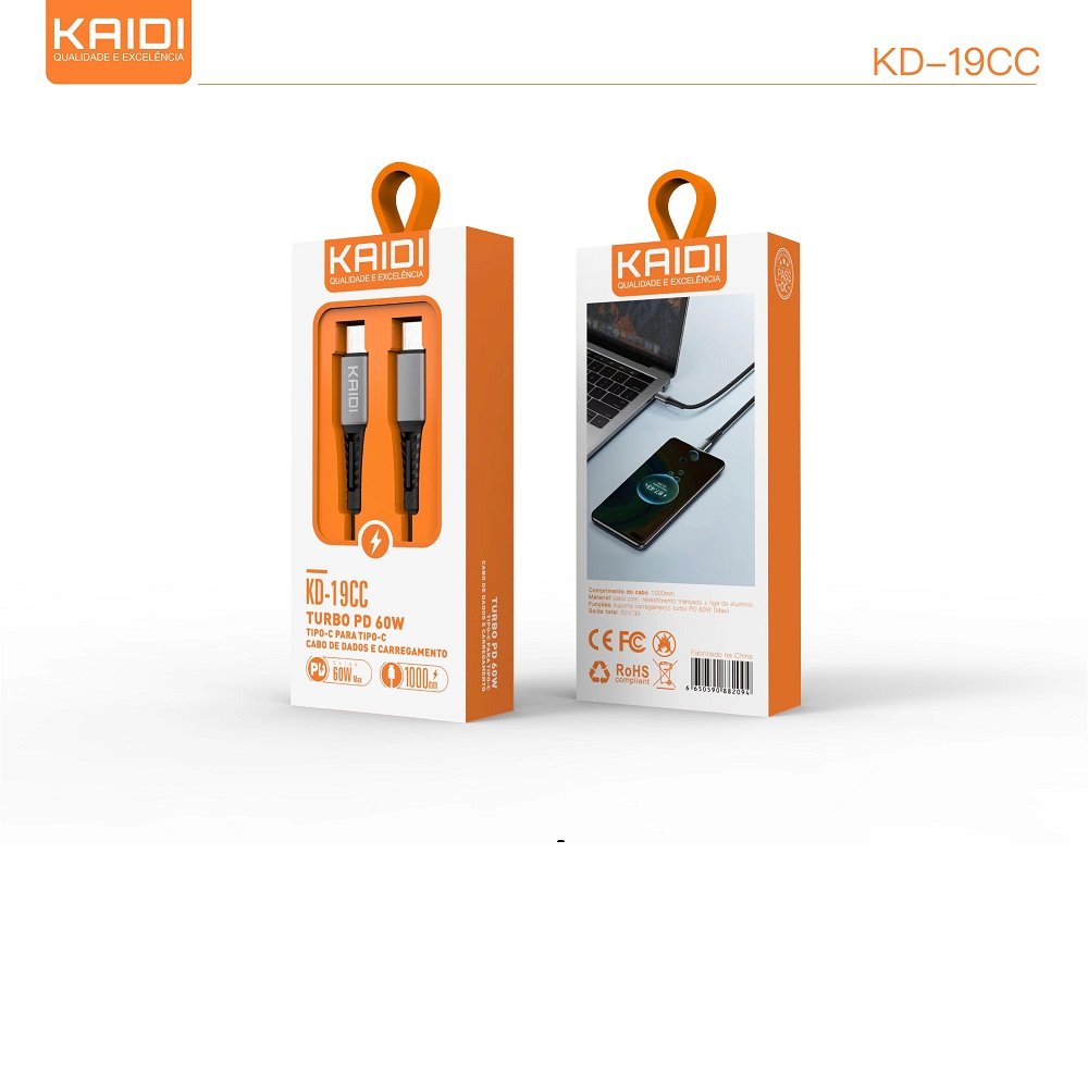 Cabo Tipo C para Tipo C Turbo Kaidi KD-19CC 60W 1m preto