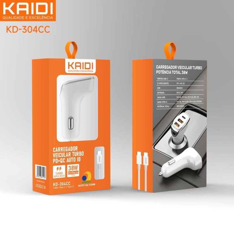 Carregador Veicular Turbo USB Tipo C Kaidi KD-304 - 20 Ah