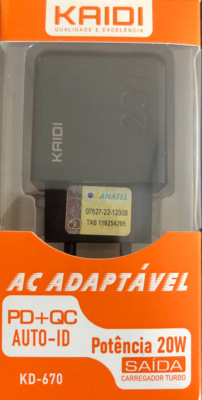 Carregador Turbo USB Tipo C Kaidi KD-670 - 2,4 mAh